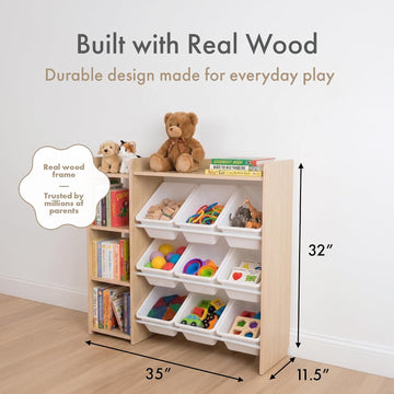 Kids Toy Storage Organizer with Bookshelf, 9 Bins, Solid Wood | Built in side bookshelf, removable bins, solid