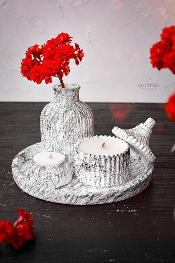 5-Piece Marble Pattern Decorative Concrete Vase and Vanilla Scented SOYA Wax Candle Holder Set - Includes Tray and