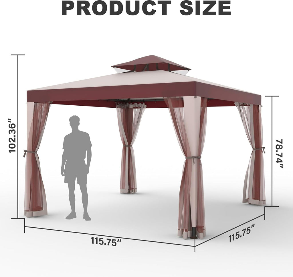 Outdoor Gazebo 10×10 Canopy Tent with Mosquito Nettings & Double Roofs, Canopy Shelter for Party, Patio Gazebo (Red