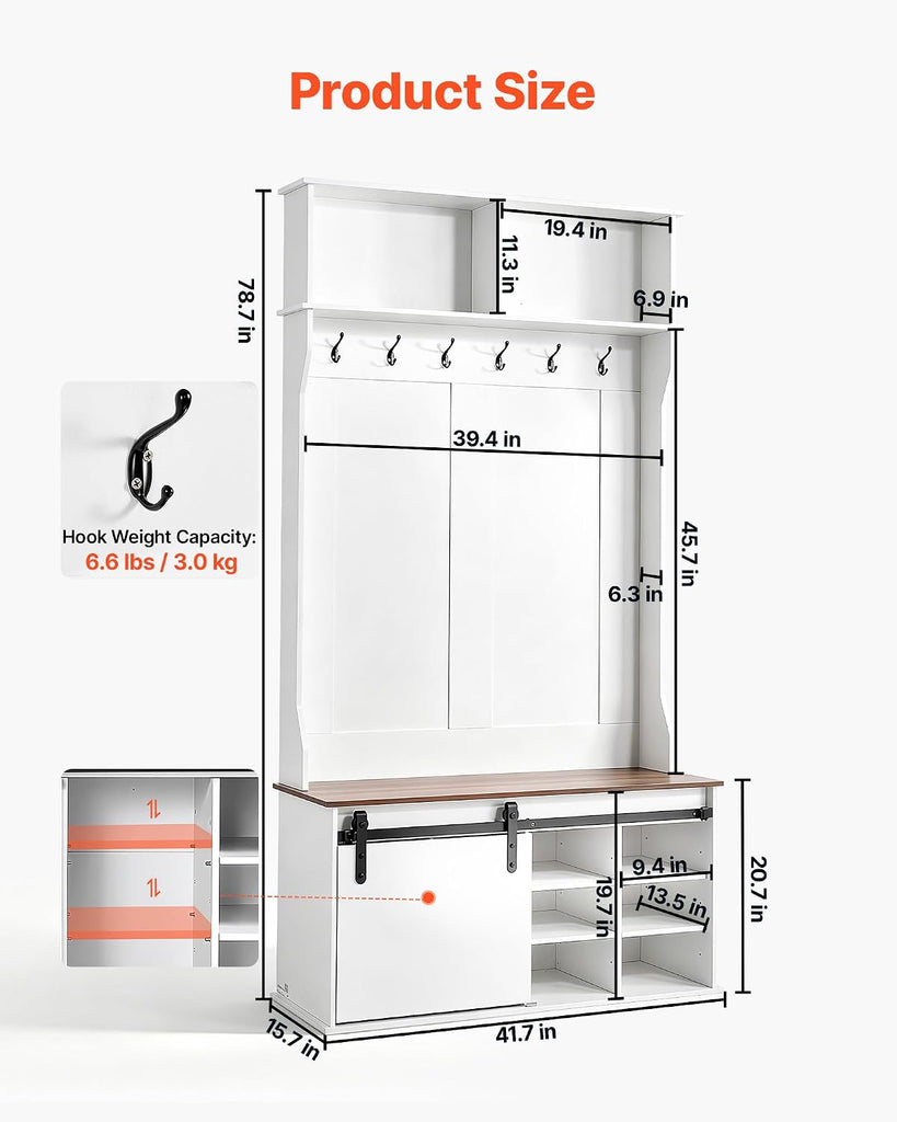 Hall Tree with Bench and Shoe Storage, 42" Wide, Entryway Hall Tree with Bench, Hanging Hooks, Storage Shelves