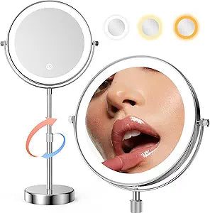 Led Lighted Makeup Mirror Tabletop, 10X Magnifying Mirror with 3 Color Lights, Brightness Adjustable Height, Light Up