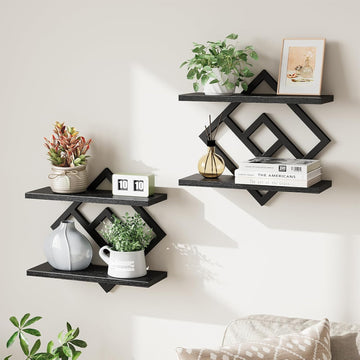 Floating Shelves for Wall, Set of 2 Hanging Shelves, Black | 2-Tier Wall Mounted Storage Shelves for Decor, Books