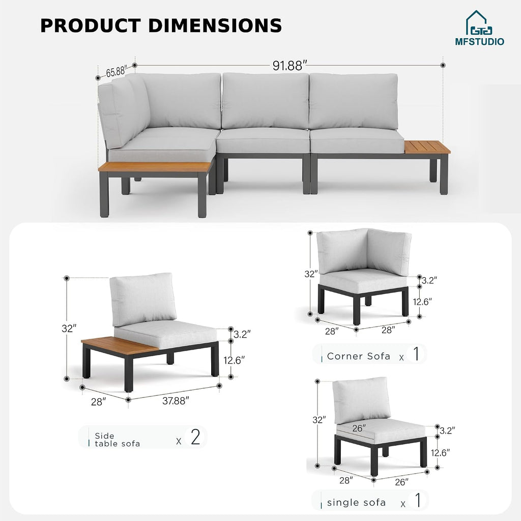 4 Pieces Metal L-Shaped Outdoor Sectional with Cushion, | Outdoor Patio Furniture Set with Side Table, Modular Patio