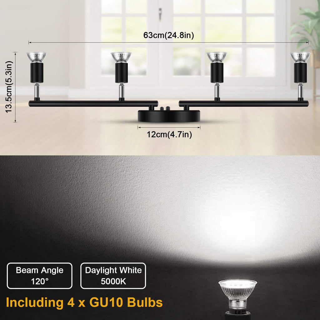 LED Track Lighting Kit, Flexibly Rotatable Light Heads, 4 Way Ceiling Spotlight Black Finish, Including 4