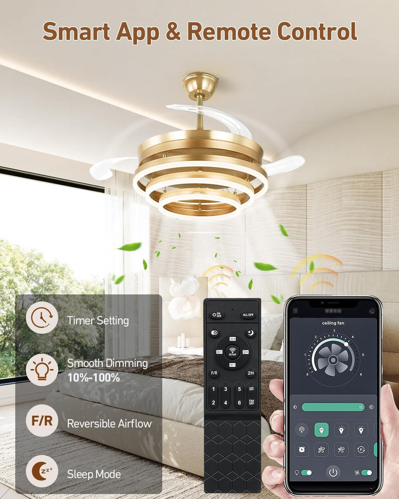 42 Inch Retractable Ceiling Fan with Lights, Gold Fandelier Chandelier Fan with Remote, 6-Speed Silent DC Motor