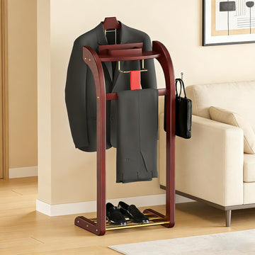 Suit Valet Stands for Women and Men, Wood Valet Stand with Base, Wardrobe Suit Valet Stand Organizer with Trouser Bar