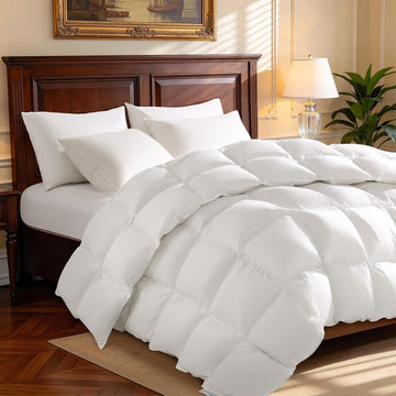 Goose Down Comforter Queen, 600 TC Cotton Cover, 850+ Fill Power, All Season Duvet Insert, 3D Baffle
