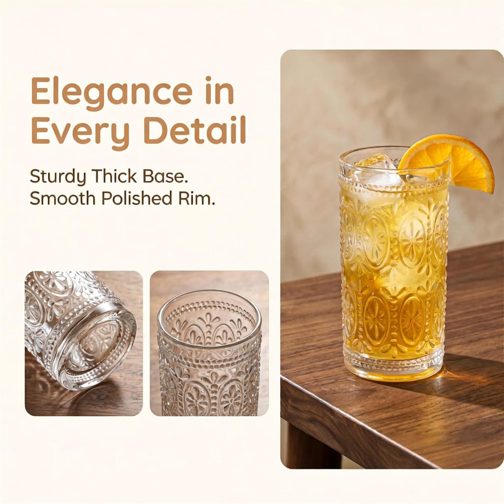 6 Pack Romantic Drinking Glasses, 12 oz Highball Glasses, Thick Water Glasses, Tall Glass Cups for Beverages, Beer