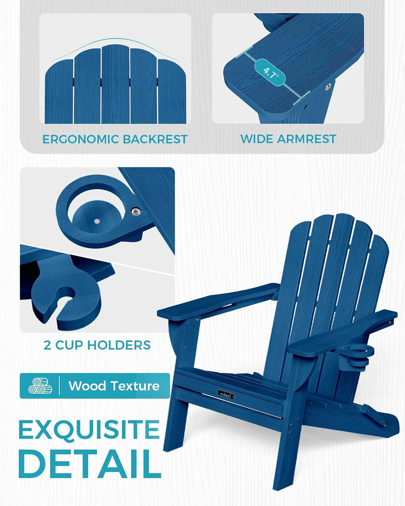 Folding Adirondack Chair, All-Weather HDPE Patio Chair with 2 Cup Holders | Wide Armrest, Wood Grain, Oversized