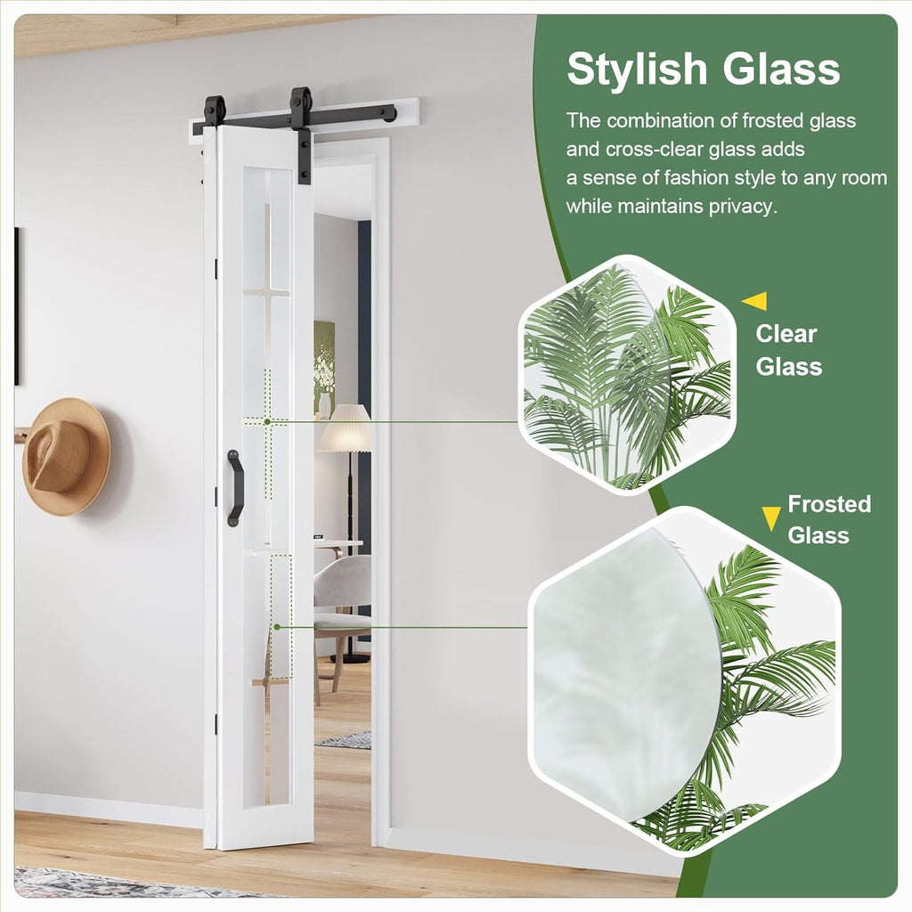 Bifold Barn Door 24x84 Inch (Double 12x84), Preassembled White Frosted Glass Cross Transparent Bifol