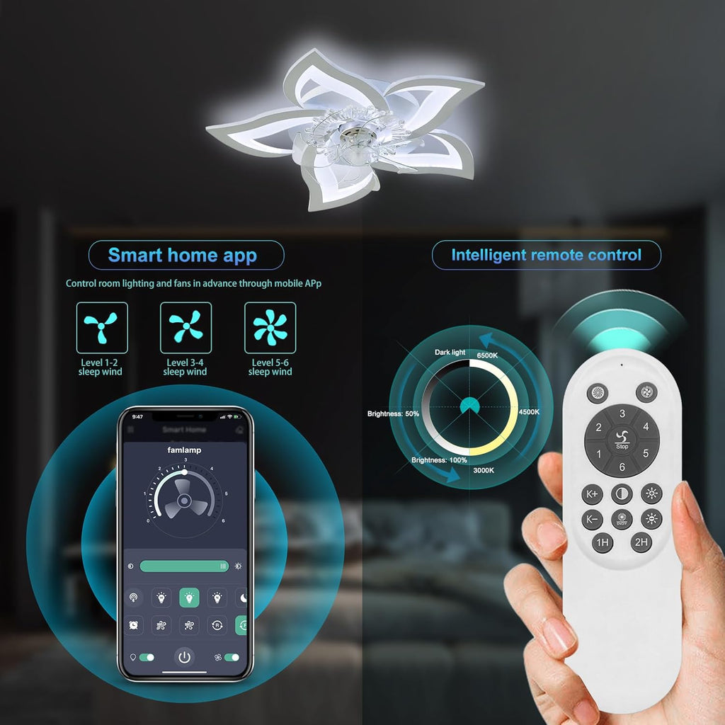 Low Profile Ceiling Fan with Lights,110v Modern Dimmable Flower Shape, Remote Control/app Control