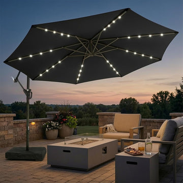 10ft Solar LED Patio Umbrella with Base Included, Offset Umbrella with Weighted Sandbag Base