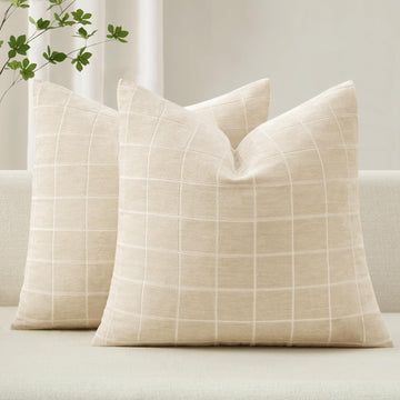 Beige Plaid Decorative Throw Pillow Covers 18x18 Set of 2