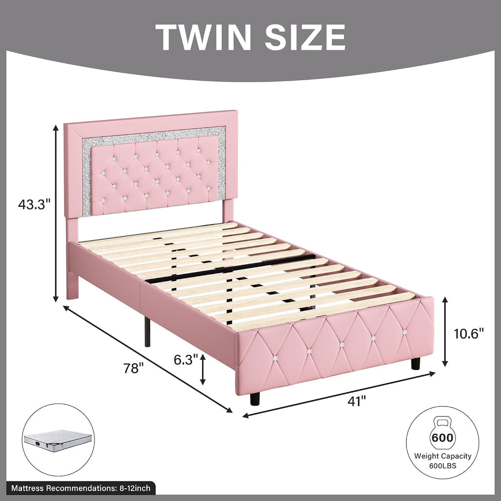 Twin Bed Frame with Headboard, Princess Twin Bed Frames for Kids | Faux Leather Upholstered Bed with Diamond Tufted