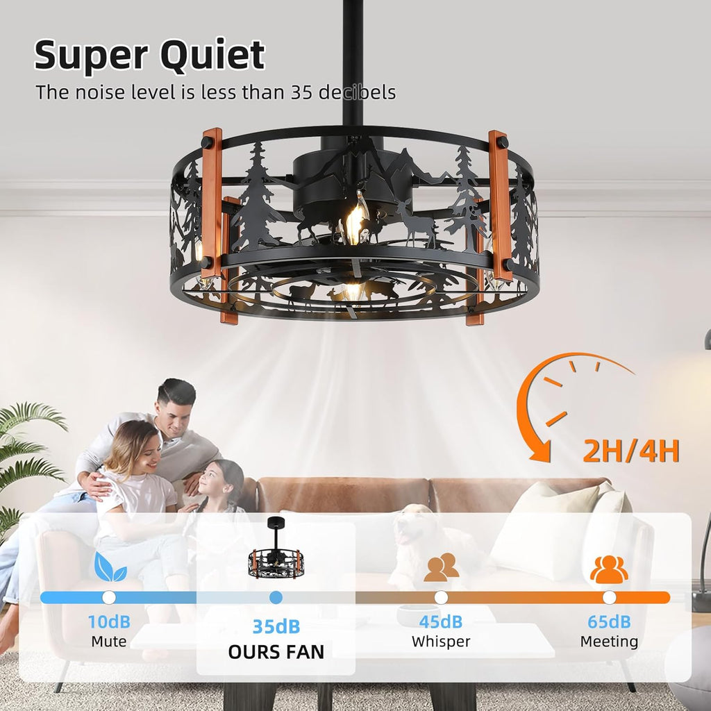 19 inch Caged Ceiling Fans with Lights - Black Farmhouse Ceiling Fan Light with 6 Speeds, Reversible Silent Motor