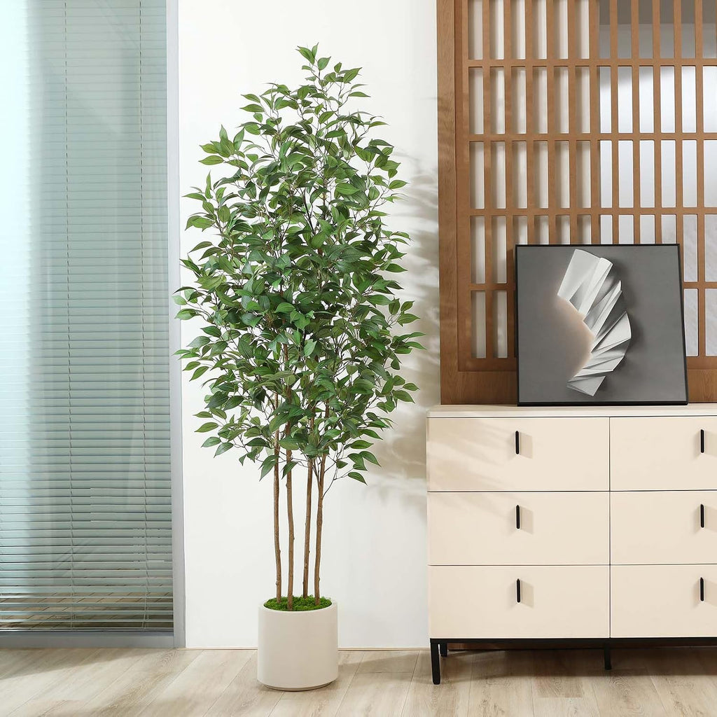 Ficus Artificial Tree 7ft Fake Silk Plant Decor Indoor, Faux Tree in White Imitation Ceramic Planter Fake Floor Plant