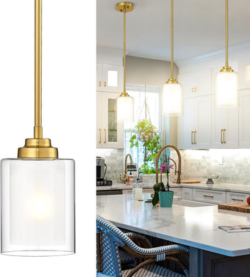 Modern Pendant Light, Brushed Gold Modern Pendant Light for Kitchen Island, Hanging Ceiling Light Fixture, Farmhouse