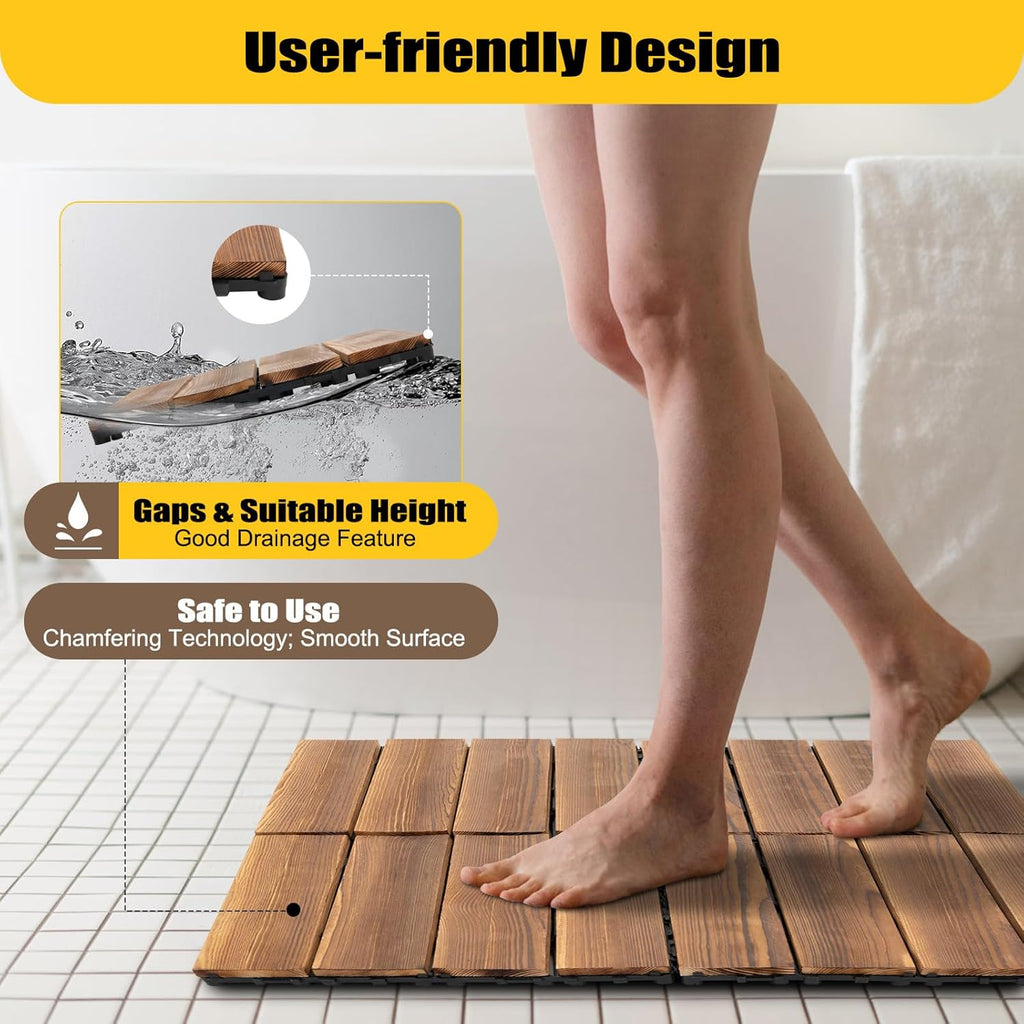 36 Pcs Premium Striped-Pattern Interlocking Deck Tiles 12" x 12", Acacia Hardwood Outdoor Flooring, Natural Wood