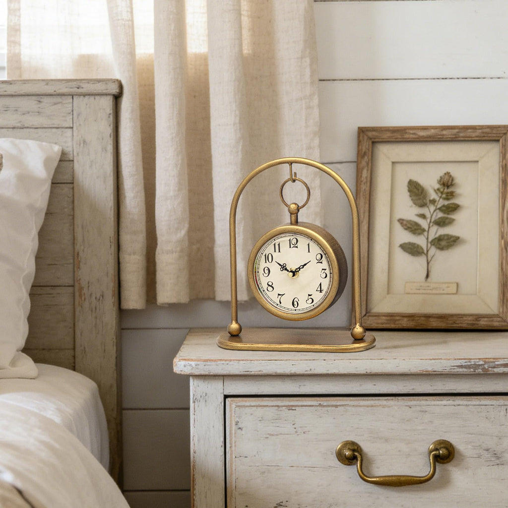 Vintage Small Gold Table Clock, Farmhouse Table Clock, Silent Non-Ticking Battery Operated Desk and Shelf Clocks