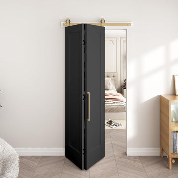 36 in.x 84 in. Bifold Barn Door, 1 Panel Vinyl Wrapped Textured Black Bifold Closet Door, Hollow Core Interior Barn