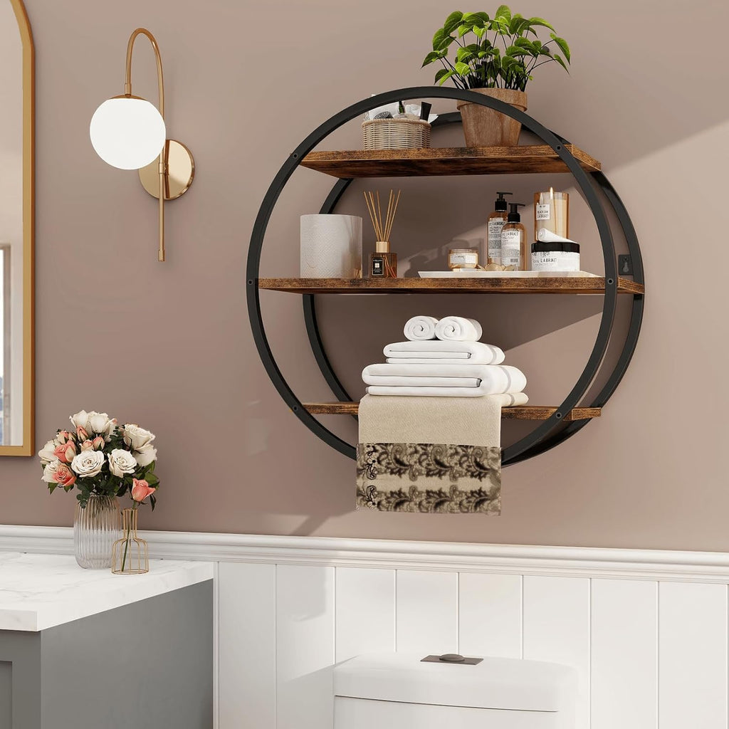 Circle Shelf Wall Decor, 3 Tier Decorative Round Wall Shelf | Geometric Circle Metal and Wood, Circular Wall Shelf
