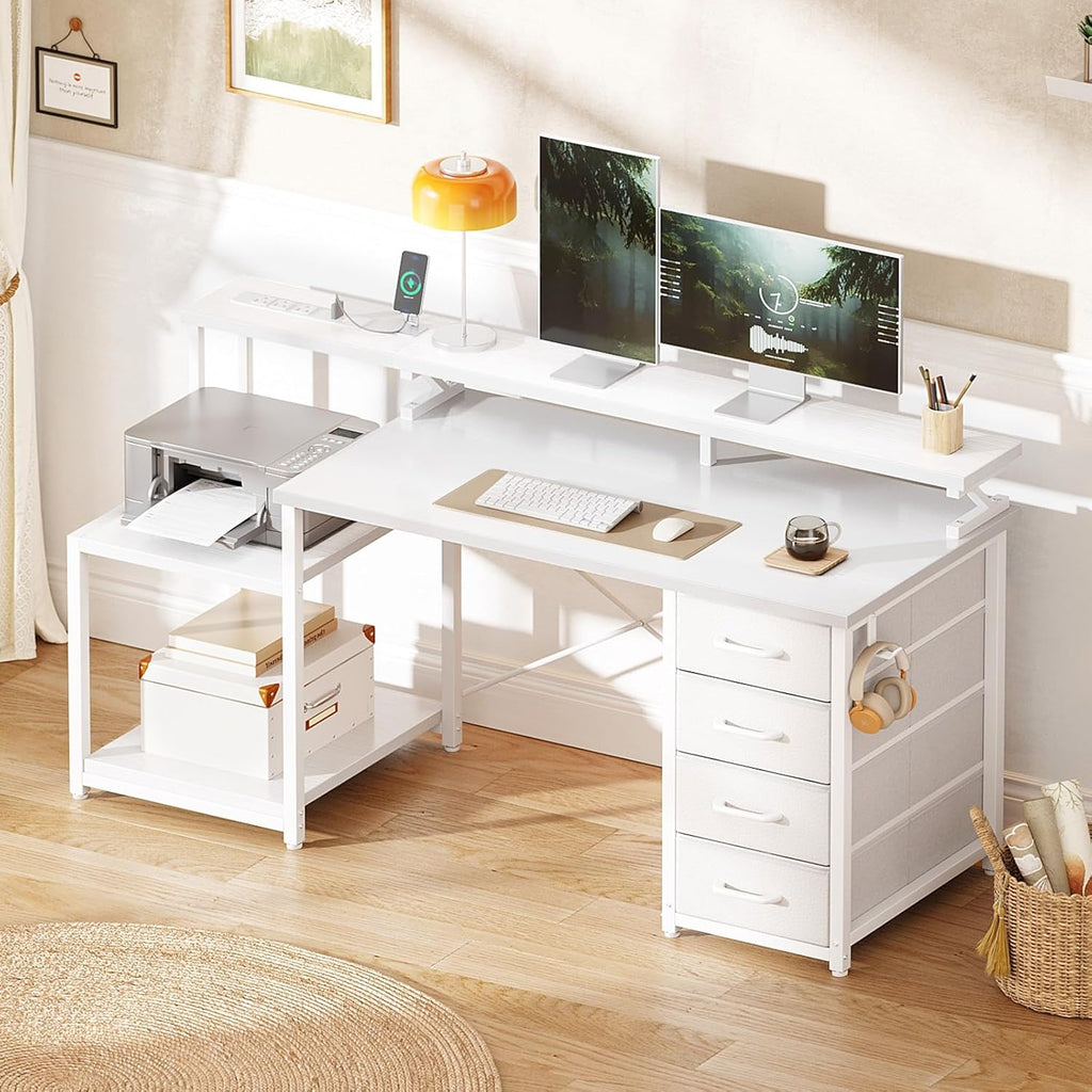 55 Inch Computer Desk with 4 Drawers, Office Desk with Power Outlets, Printer Shelf & Storage Shelves