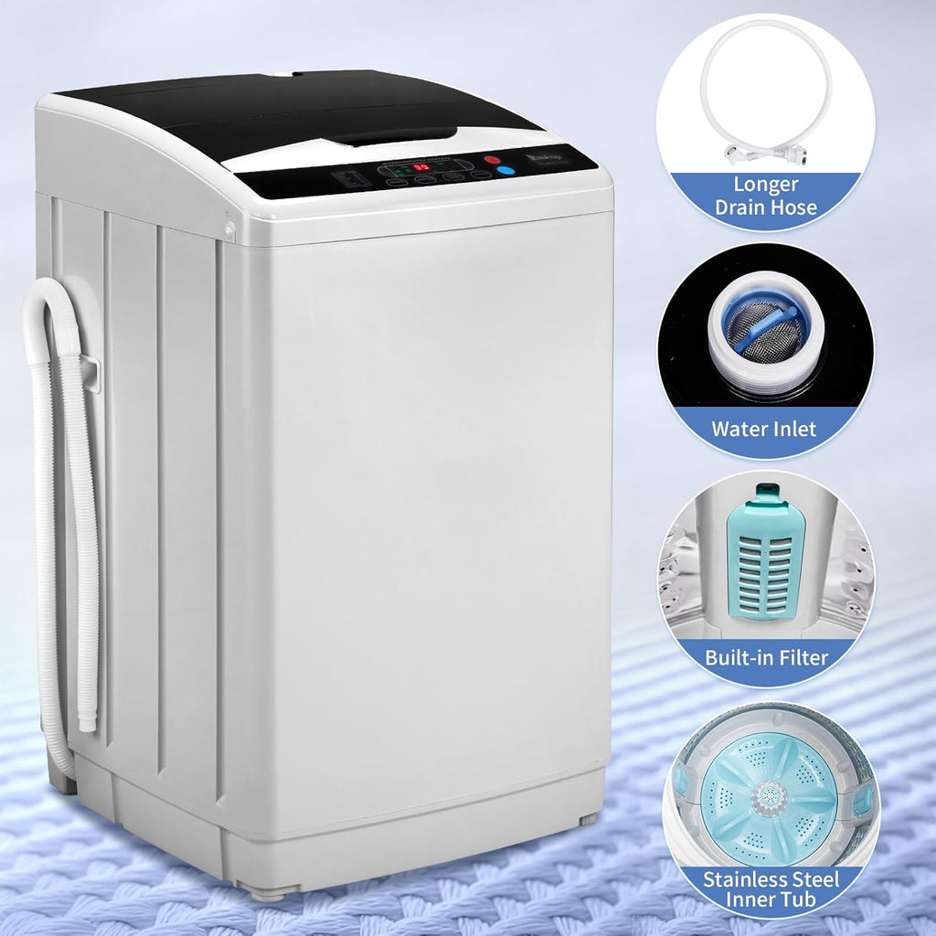 25LBS Portable Washing Machine, Full-Automatic Laundry Machine with Stainless Steel Drum, 10 Wash Programs Compact