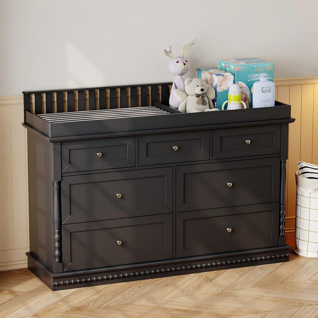 Nursery Dresser with Diaper Changing Tray, Baby Kids Dresser Changing Table with 7 Drawers & Carved Pattern Bedroom