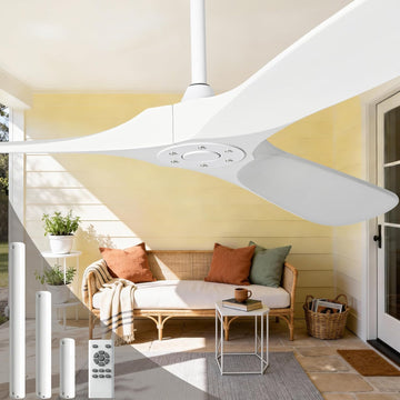 Inspired Maverick Style 60 Inch White Wood Ceiling Fan - 3 Solid Wood Blades, Indoor/Outroom DC Motor Ceiling Fan with Remote Control, 6-Speed Reversible Quiet Operation, Timer Function, No Light, Damp Rated
