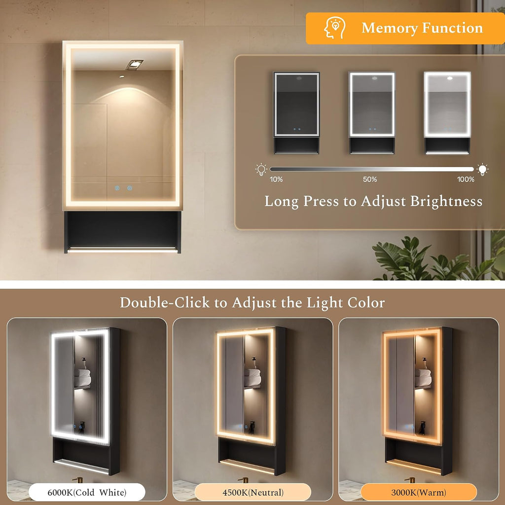 20"×34" Lighted Medicine Mirror Cabinet with Storage Adjustable Brightness 3 Color Temperature Lighting Anti-Fog