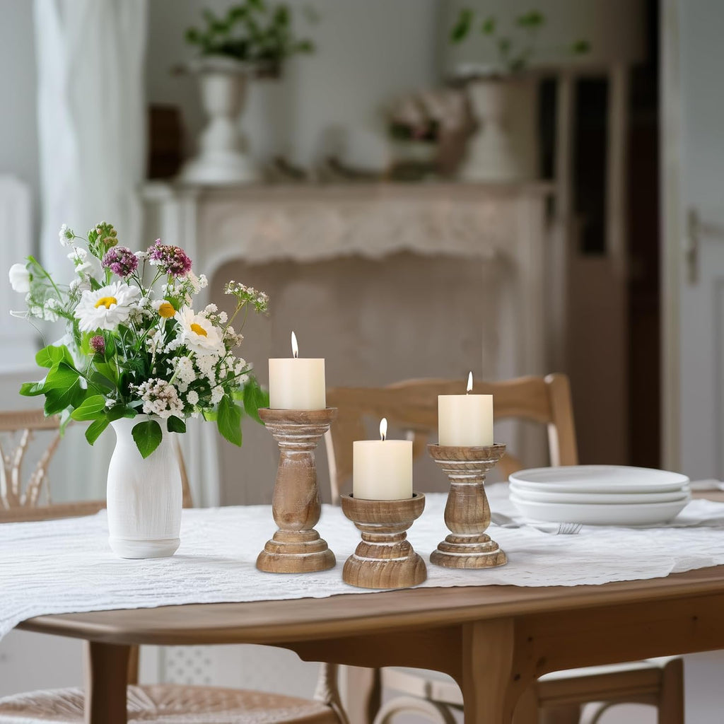 Candle Holder for Pillar Candle Set of 3, Farmhouse Wood Candle Holder, Rustic Wooden Candle Stand, Vintage Small