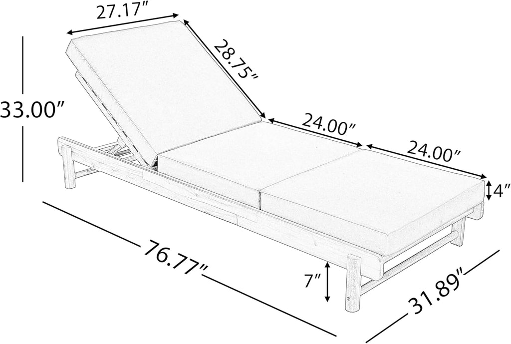 Patio Acacia Wood Chaise Lounge w/ Cushion, Outdoor Folding Chair Recliner | 1 Frame + 1 3-Fold 4" Thick Cream