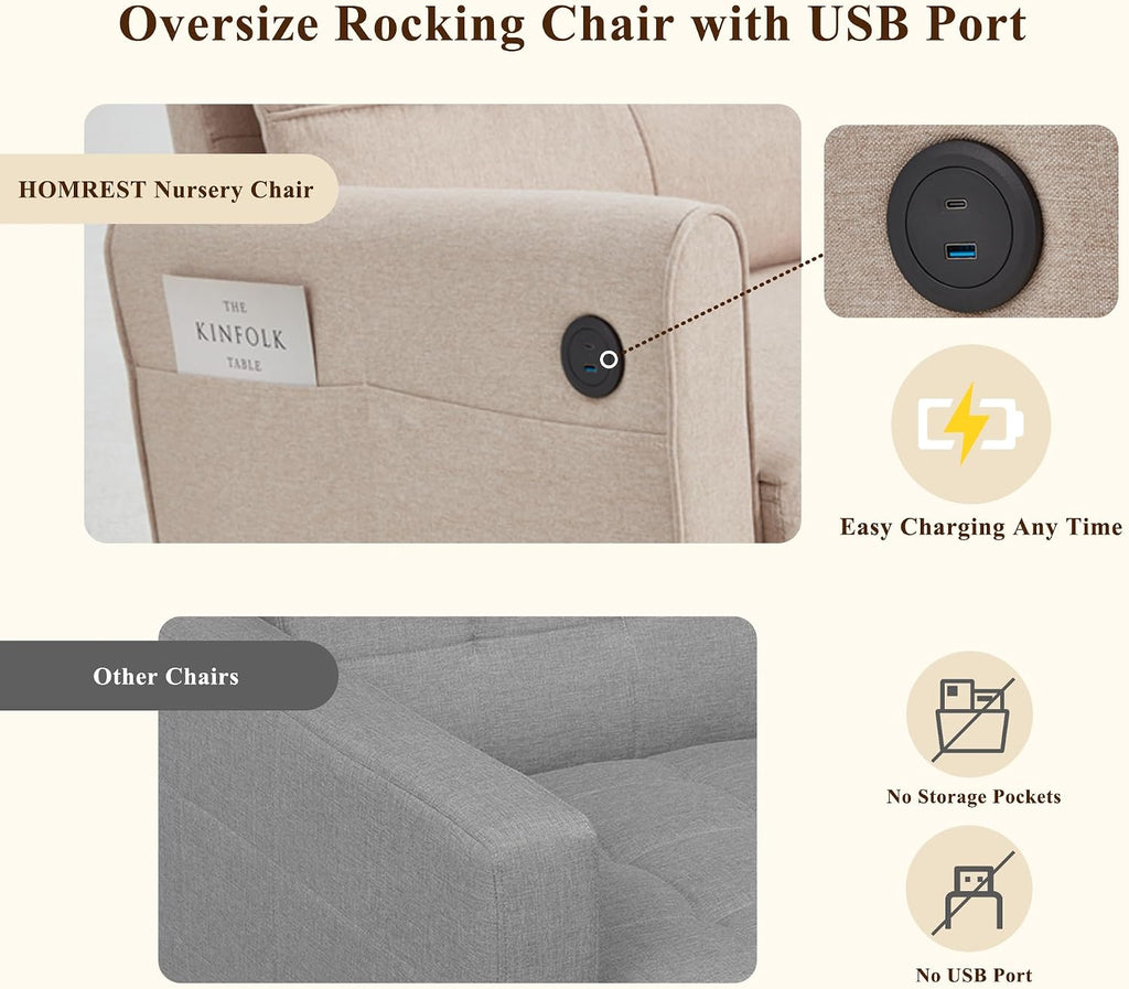 Upholstered Oversize Rocking Chair, Nursery Rocking Chair with High Back and Side Pocket USB Port, Double Wide Rocker