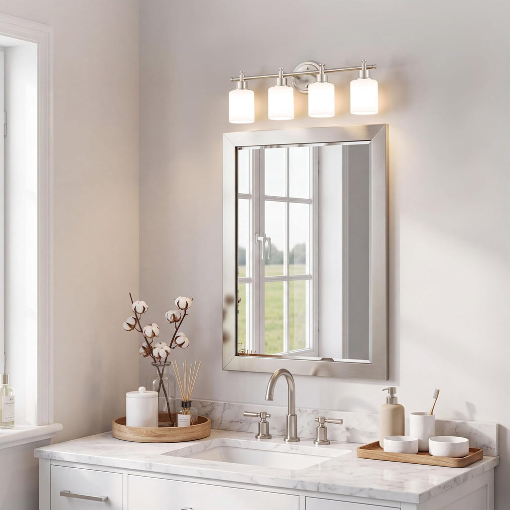 4 Light Bathroom Vanity Light Fixture Over Mirror, Brushed Nickel, 23'' | Vanity Lights , White Frosted Glass Shades