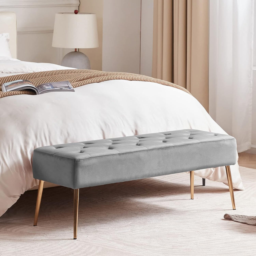 Modern Velvet Ottoman Bench, Button-Tufted Upholstered Bedroom Benches,End of Bed Bench with Gold Base Living Room