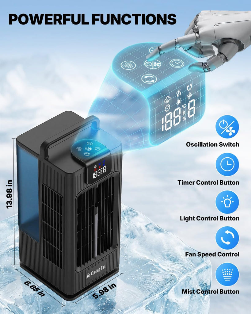 Mini Portable Air Conditioner Cooler: 2000ml Air Cooling Fan with 120°Oscillating - 3 Mist Modes & 4 Speeds
