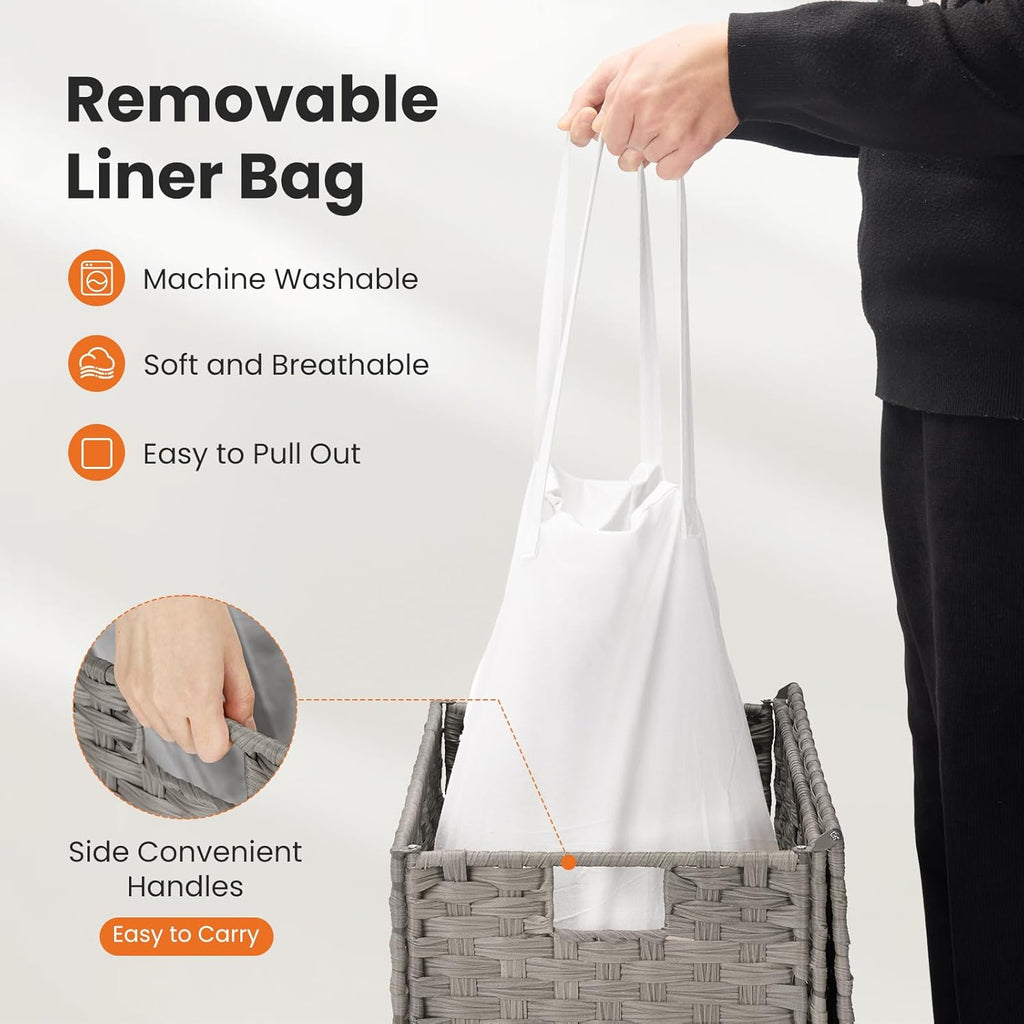 Woven Laundry Basket with Lid, 90L Large Capacity Hamper, Removable & Machine-Washable Liner, Foldable Rattan Clothes