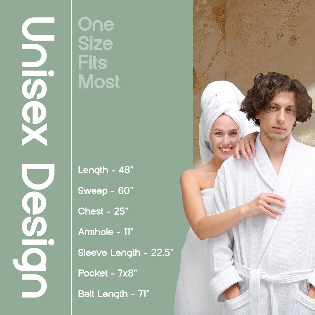 Waffle Bathrobe for Women, Men, 100% Turkish Cotton, Luxury Terry Interior, Waffle Exterior, One Size Fits Most