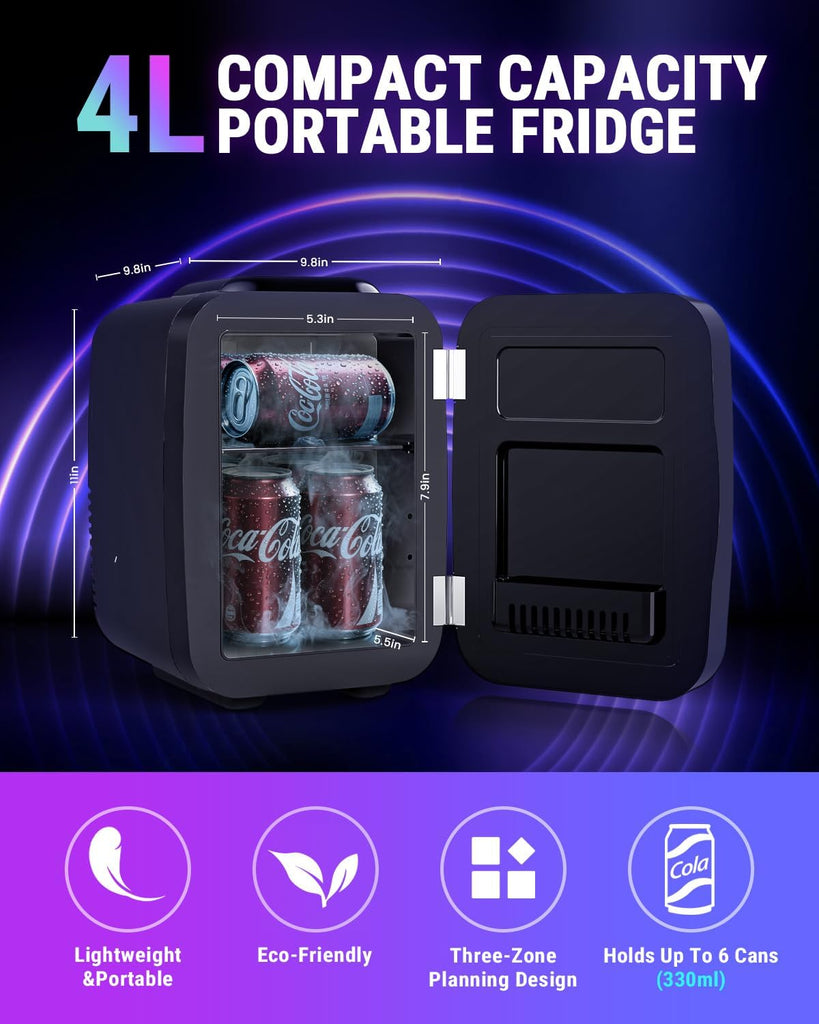 Mini Fridge, 4 Liter/6 Cans Small Refrigerator With Dimmable LED Light,AC/DC Portable Mini Cooler and Warmer, Gaming