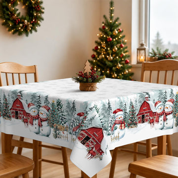 Square Christmas Tablecloth 60x60 Inch, Farmhouse White Snowman Snowflake Christmas Table Cloth, Polyester Waterproof