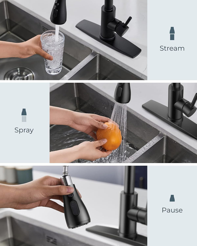 Black Kitchen Faucet with Pull Down Sprayer, High Arc Single Handle Classic Stainless Steel Sink Faucet 1 or 3 Hole