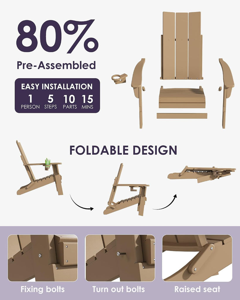 Folding Adirondack Chairs, All-Weather Resistant HDPE Patio Firepit Chairs, Sturdy Outside Chairs with Cup Holder
