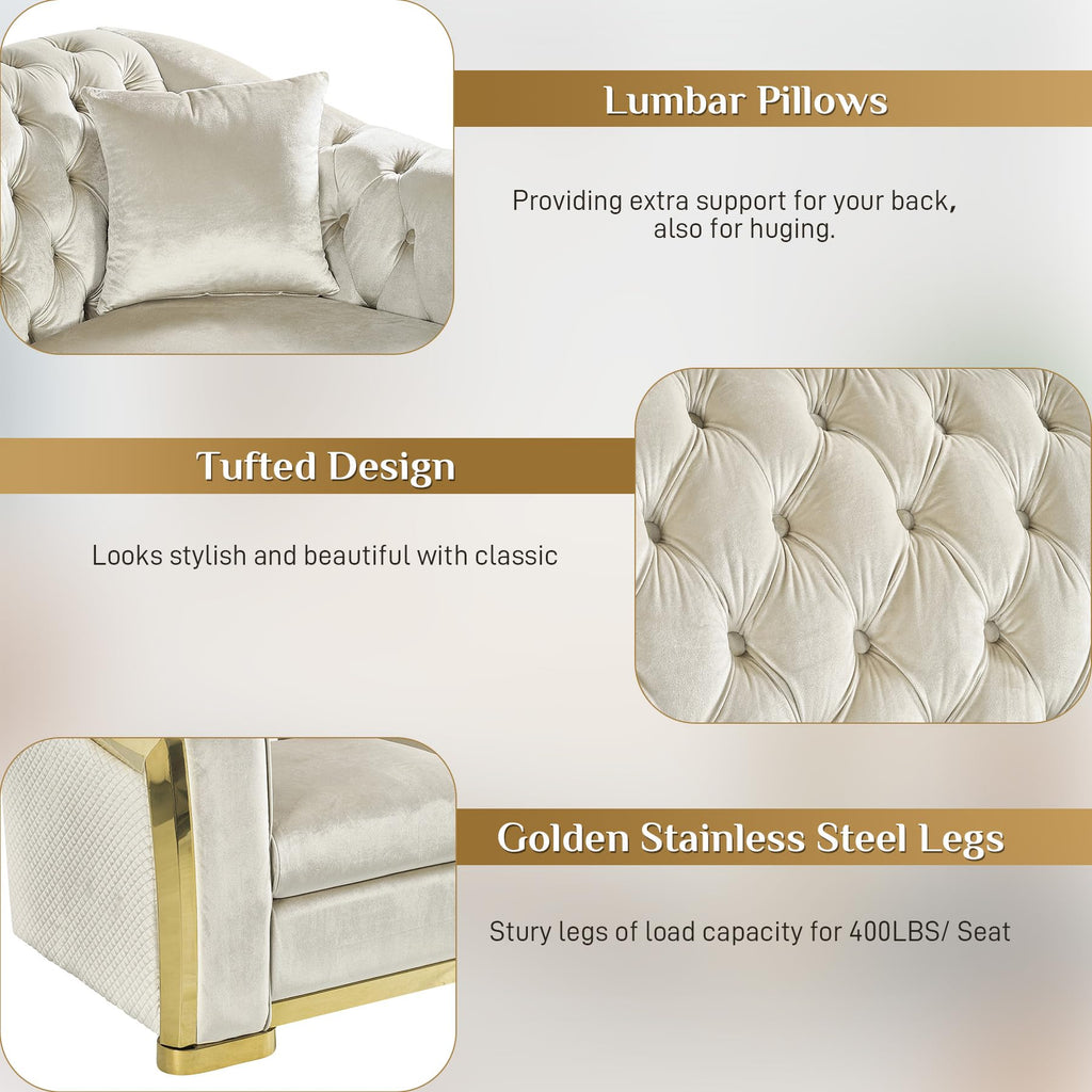84" Luxury Oversized Velvet Chesterfield Sofa, White and Gold Couch