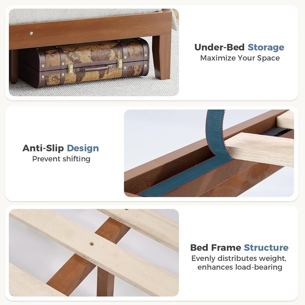Solid Wood Bed Frame, Queen Platform Bed Frame with Headboard, Sturdy Wood Slat Support, Heavy Duty, No Box Spring