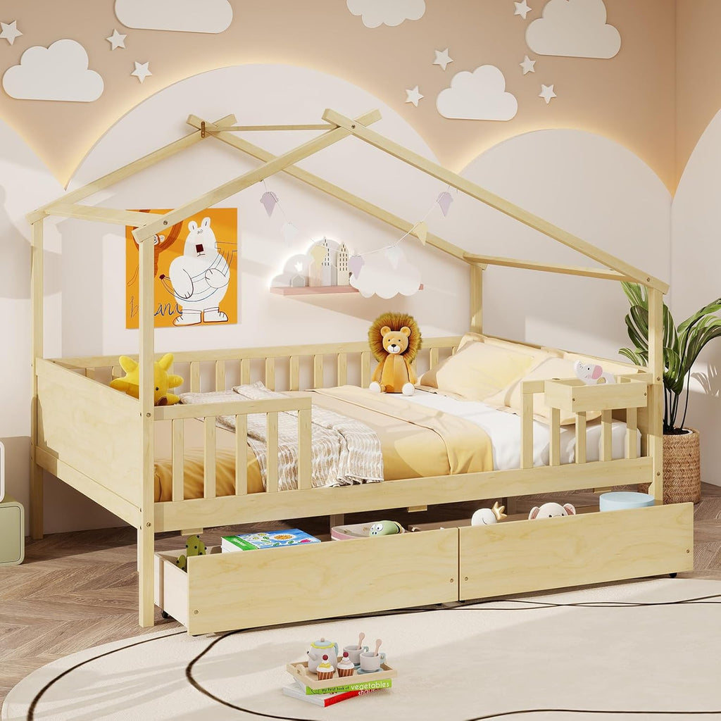Full House Bed with Drawers, Wooden Full Size Bed Frame with Cube Storage & Fence Rails, Montessori Beds for Kids