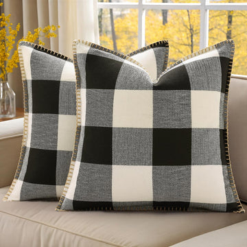 Fall Plaid Linen Throw Pillow Covers 20x20 Set of 2 Black White