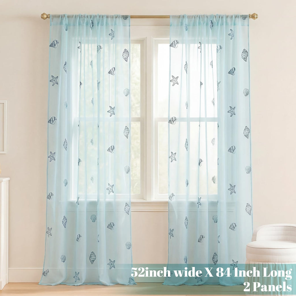 2 Panels Blue Ocean Sheer Curtains 84 Inch