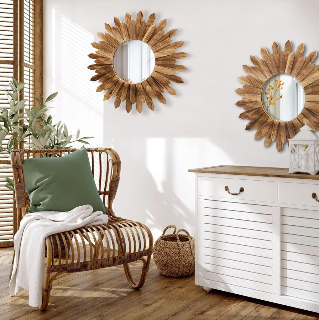 2 Pack 22 Inch Boho Wall Sunburst Mirror Rustic Round Wood Decorative Mirror Boho Wall Art Decor Bedroom Living Room