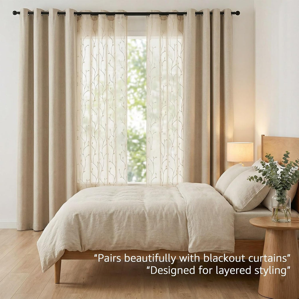 Sheer Curtains for Bedroom Leaf Embroidered Semi Sheers for Living Room Botanical Embroidery Voile