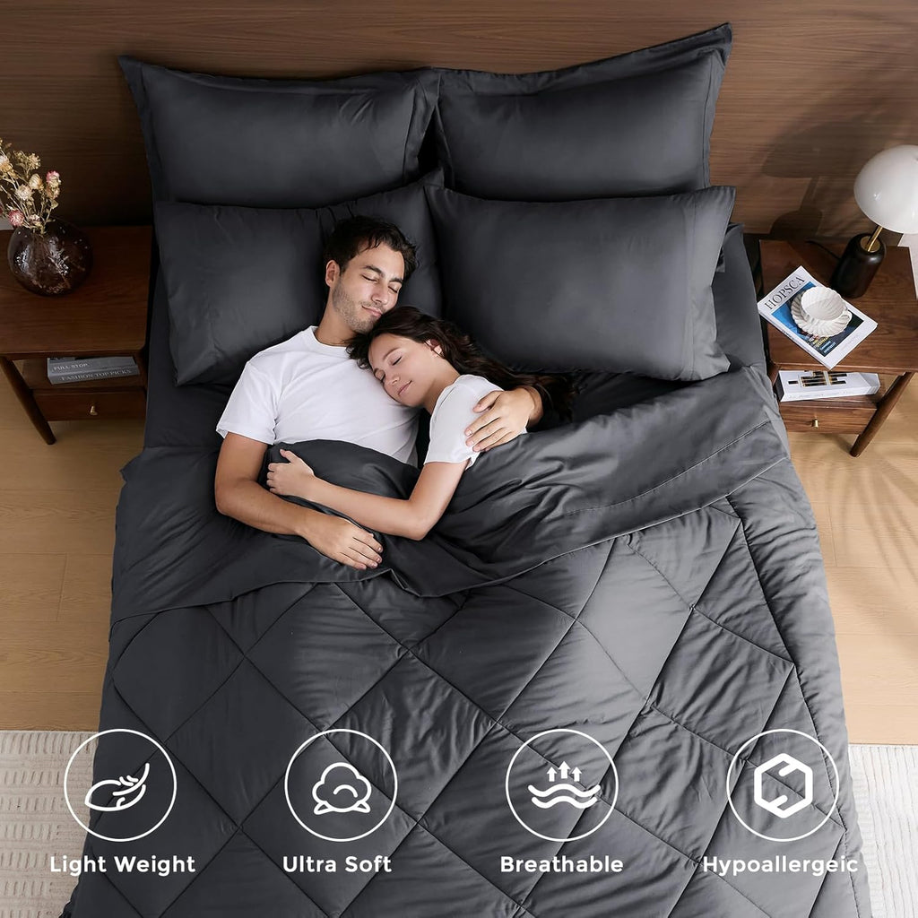 7 Pieces Comforter Set, All Season Reversible Bed in a Bag, Ultra Soft Bedding Set with Grey Comforter